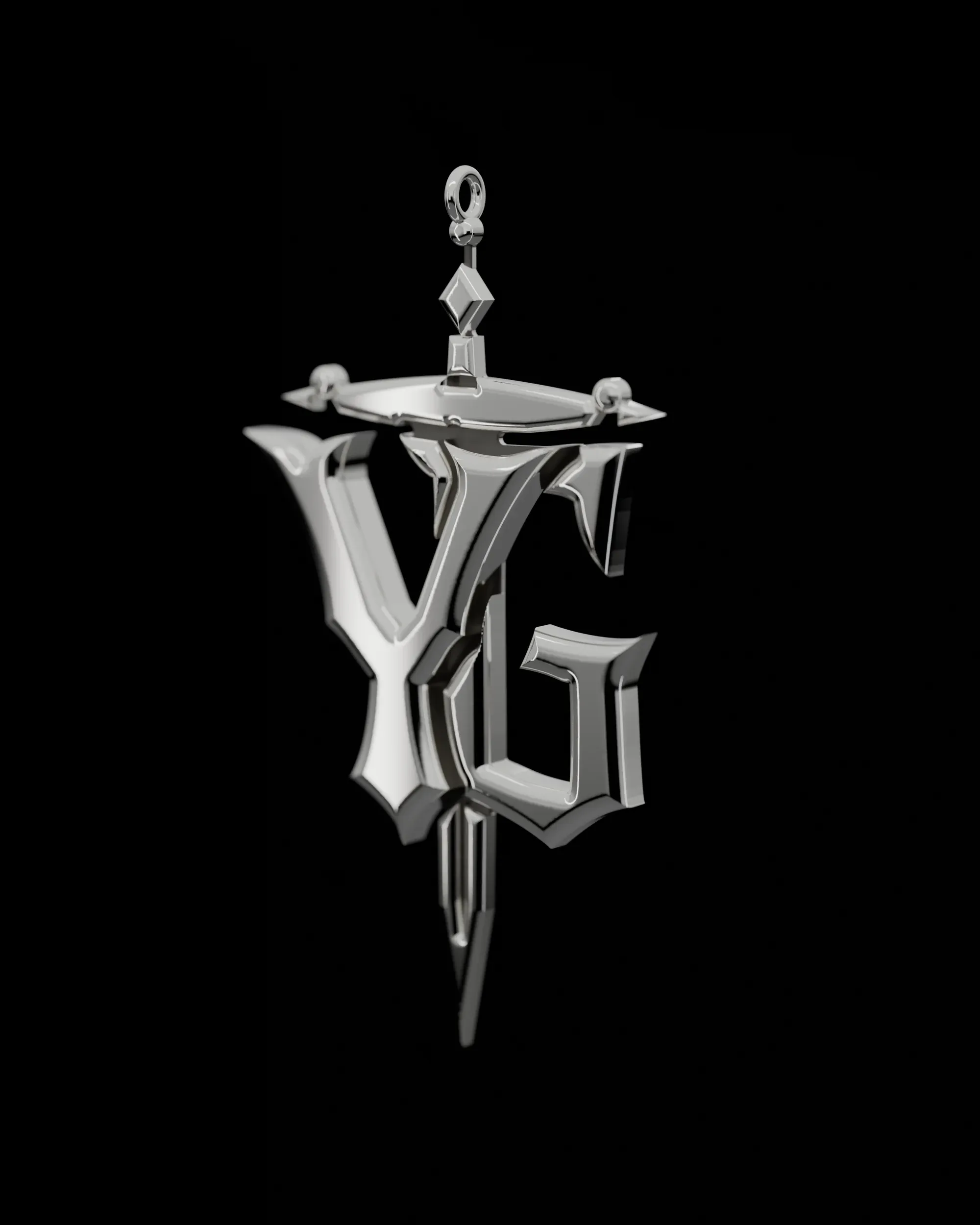 The YG dagger mark as a polished sterling-silver pendant on black, three-quarter view