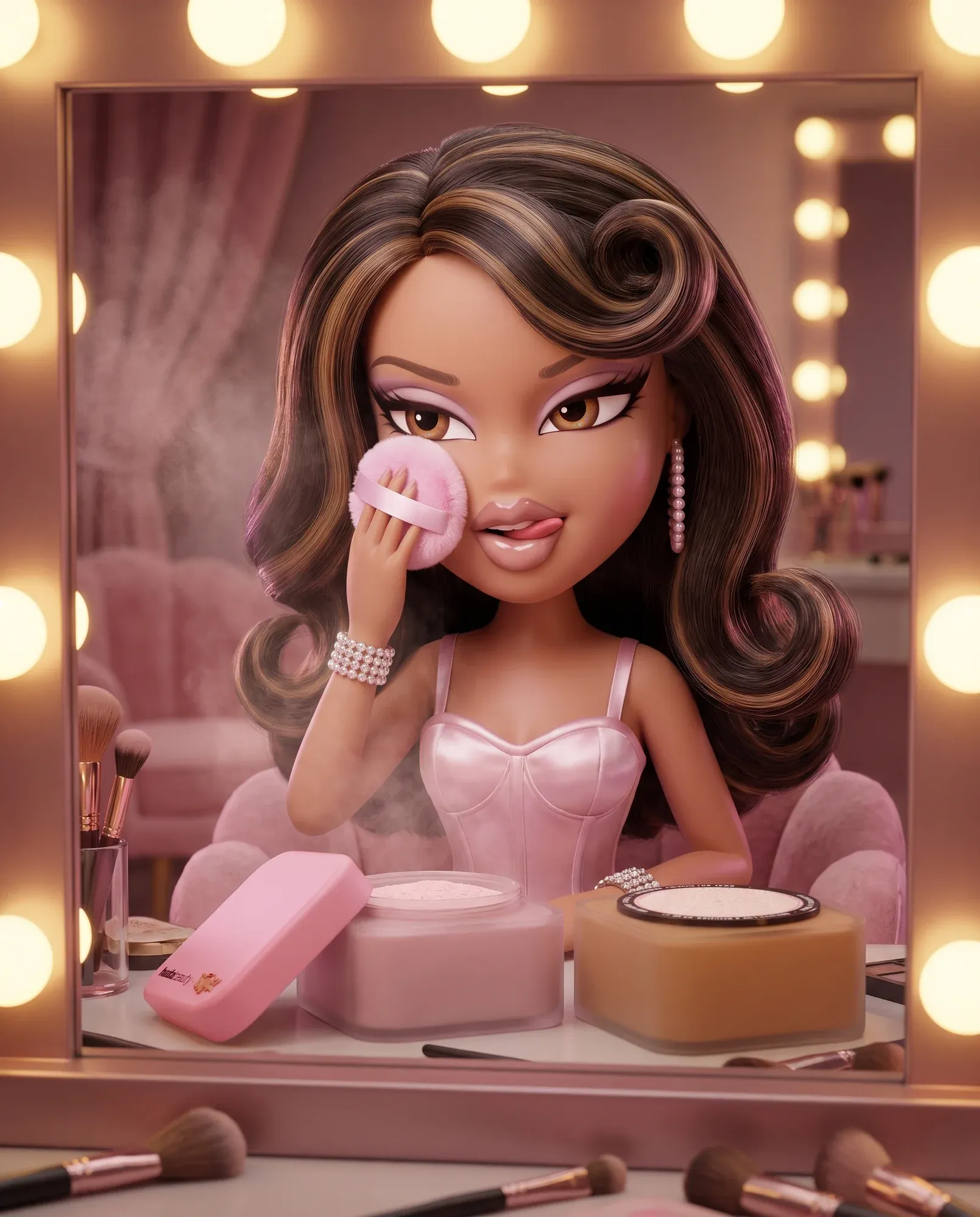 Dressing room: the doll setting her face with the Easy Bake puff