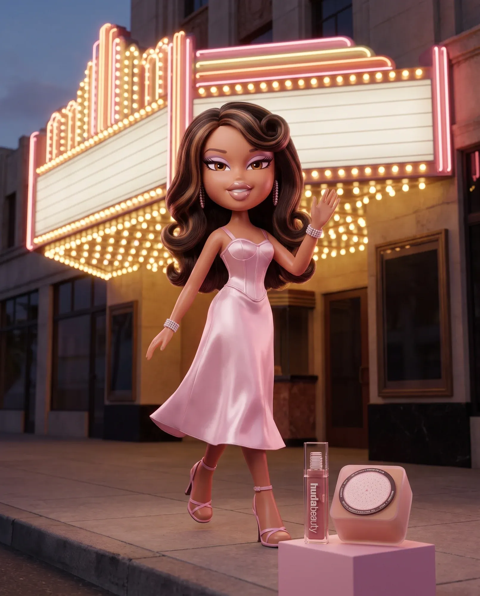 Premiere: the doll waving under a lit theatre marquee