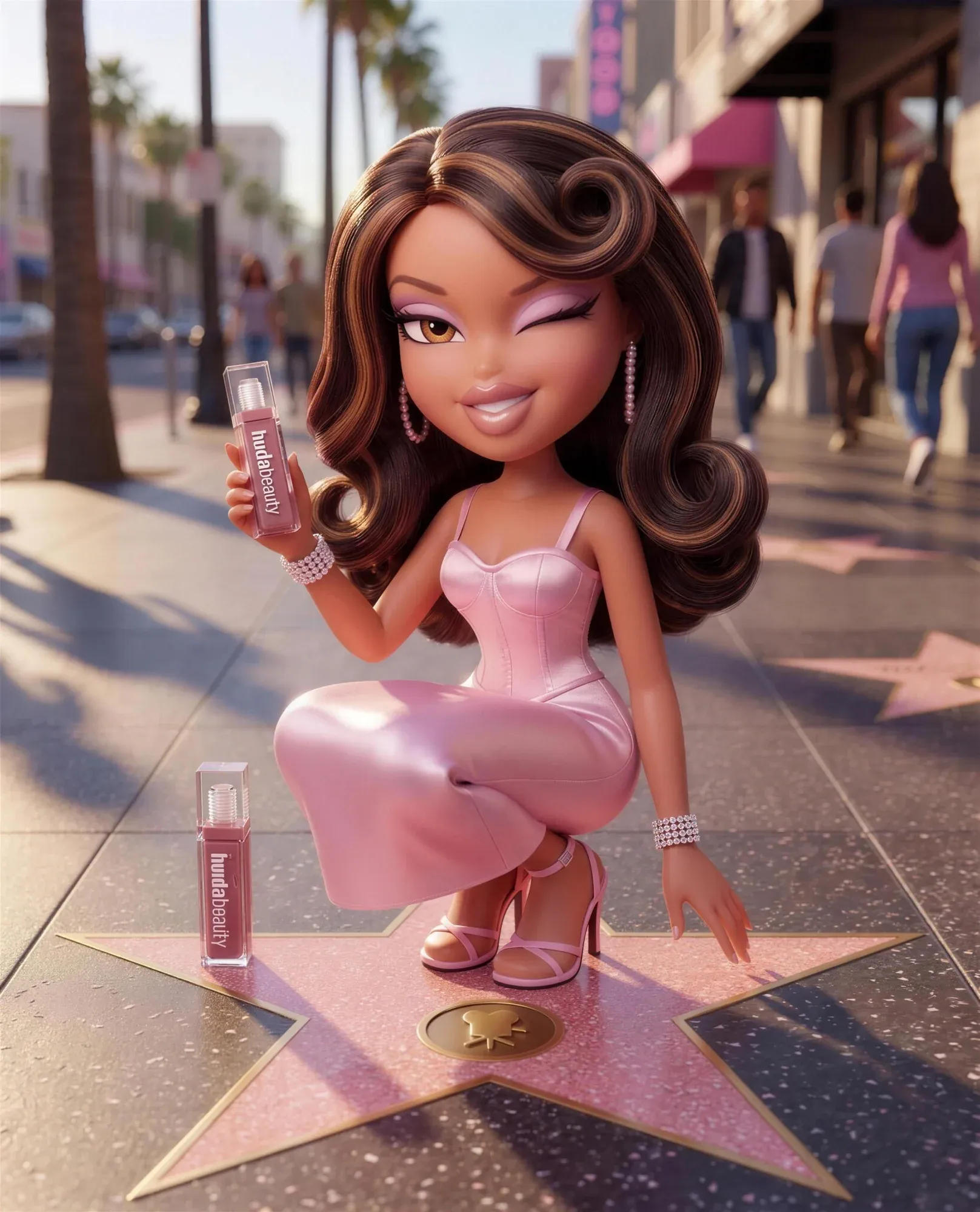 Walk of Fame: the doll crouching by a pink star, winking, Bratitude in hand