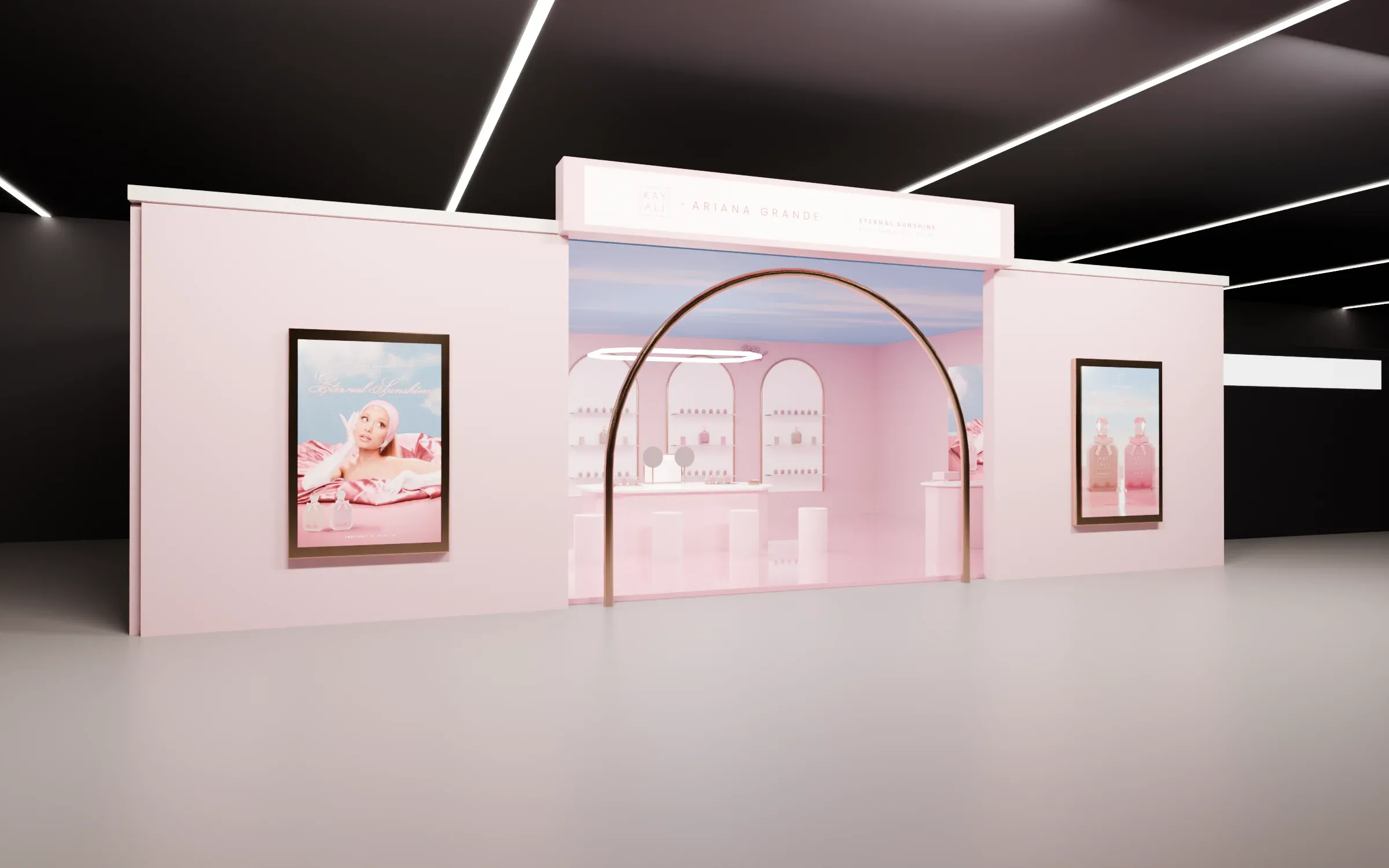 Pop-up exterior with arched portal and lightboxes