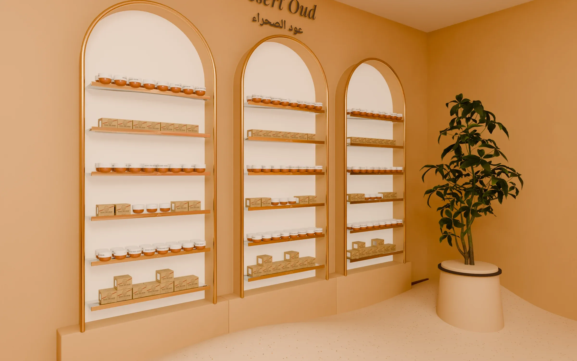 The Desert Oud wall: arched niches with jars and cartons