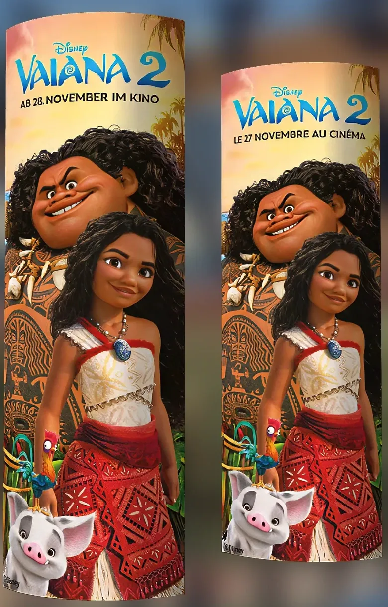 Vaiana 2 drop-and-pop display columns in German and French