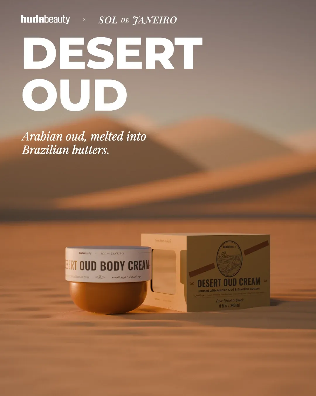 Desert Oud post: the jar and its carton in the dunes at golden hour