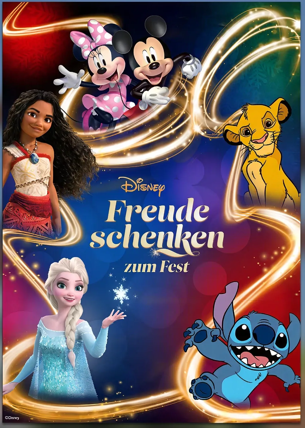Retail poster “Freude schenken zum Fest” with Mickey, Minnie, Moana, Elsa, Simba and Stitch