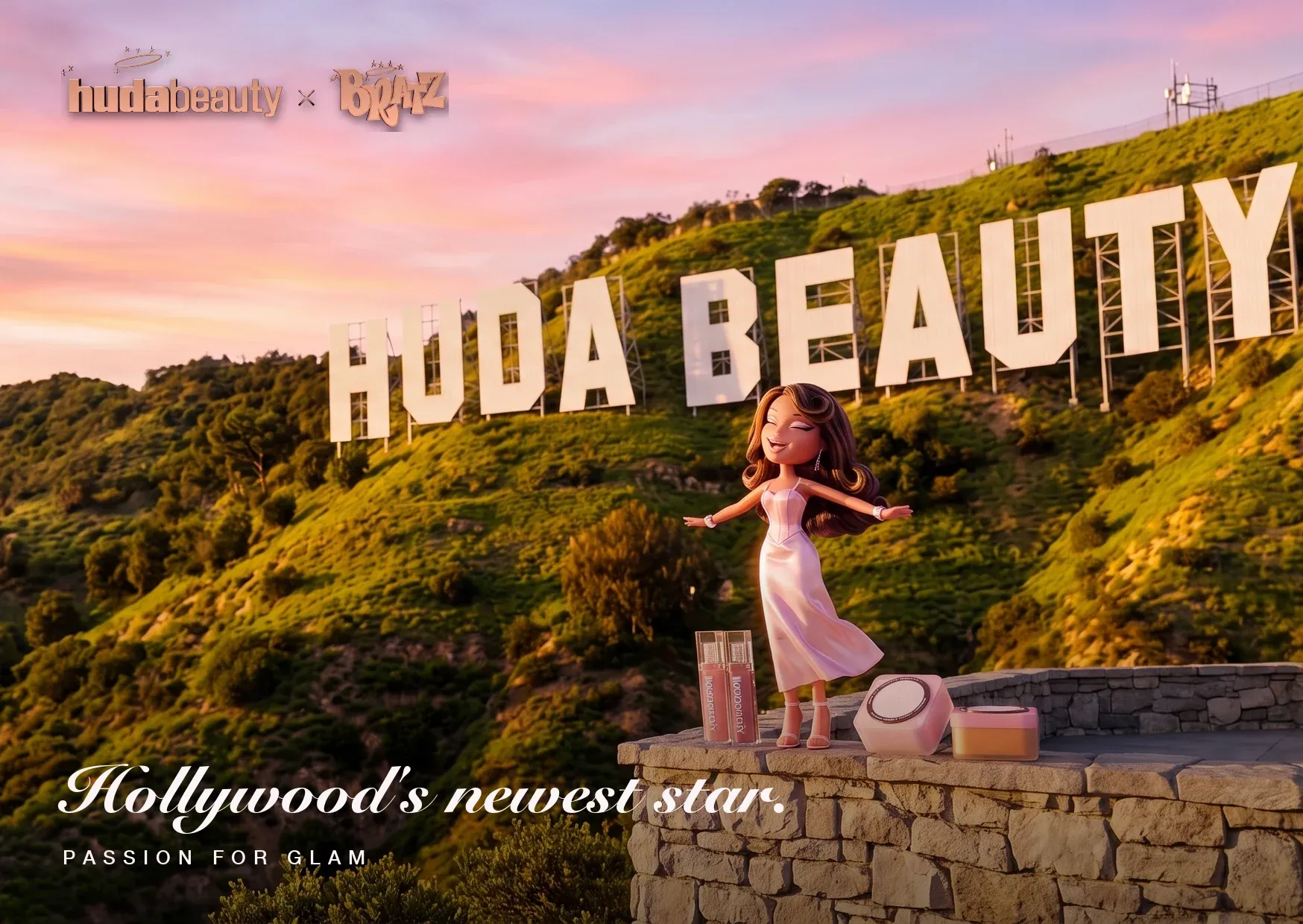 PR card, front: the golden-hour key visual, “Hollywood’s newest star.”