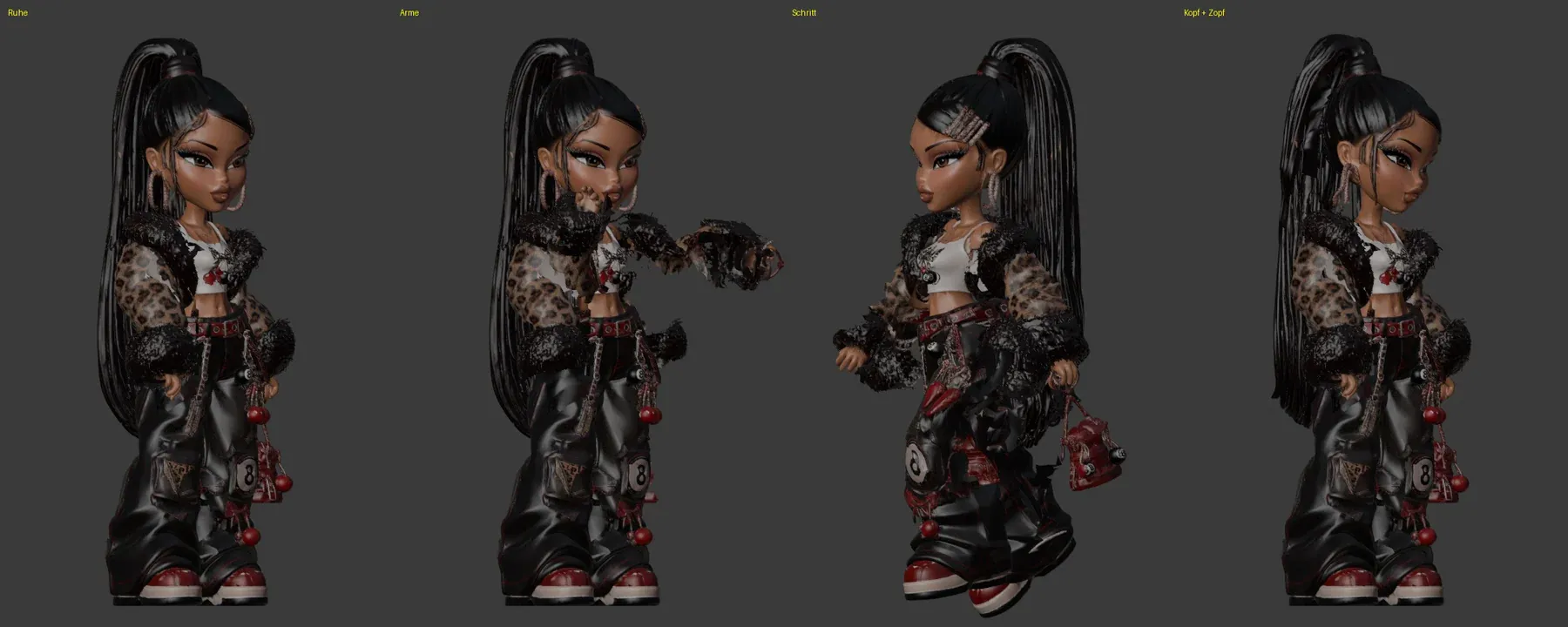 Round one: pose tests of the cherry-and-leopard doll