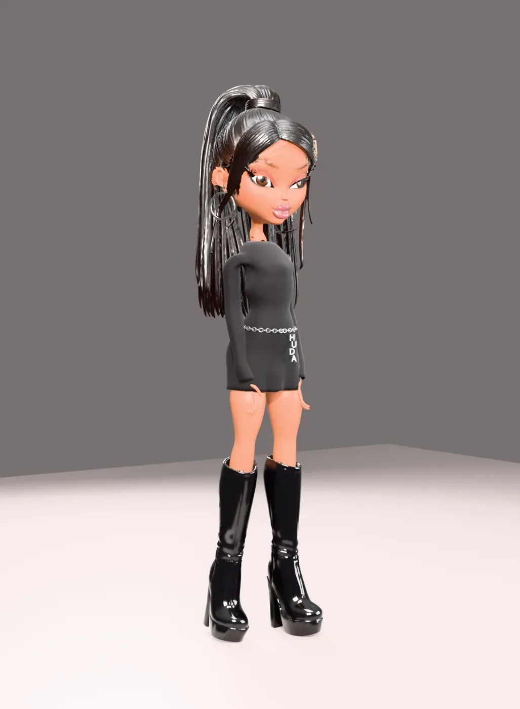 Round one: the first Huda × Bratz doll in a black mini dress