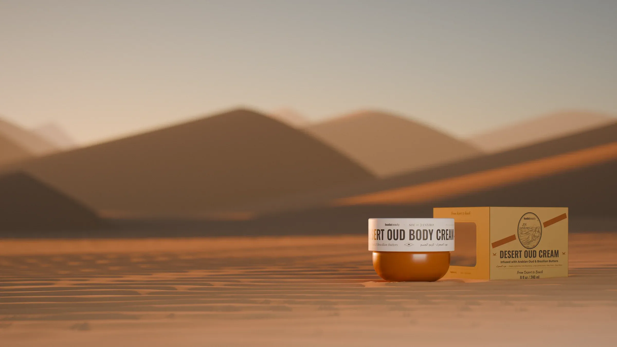 Desert Oud and its carton standing in the dunes at golden hour