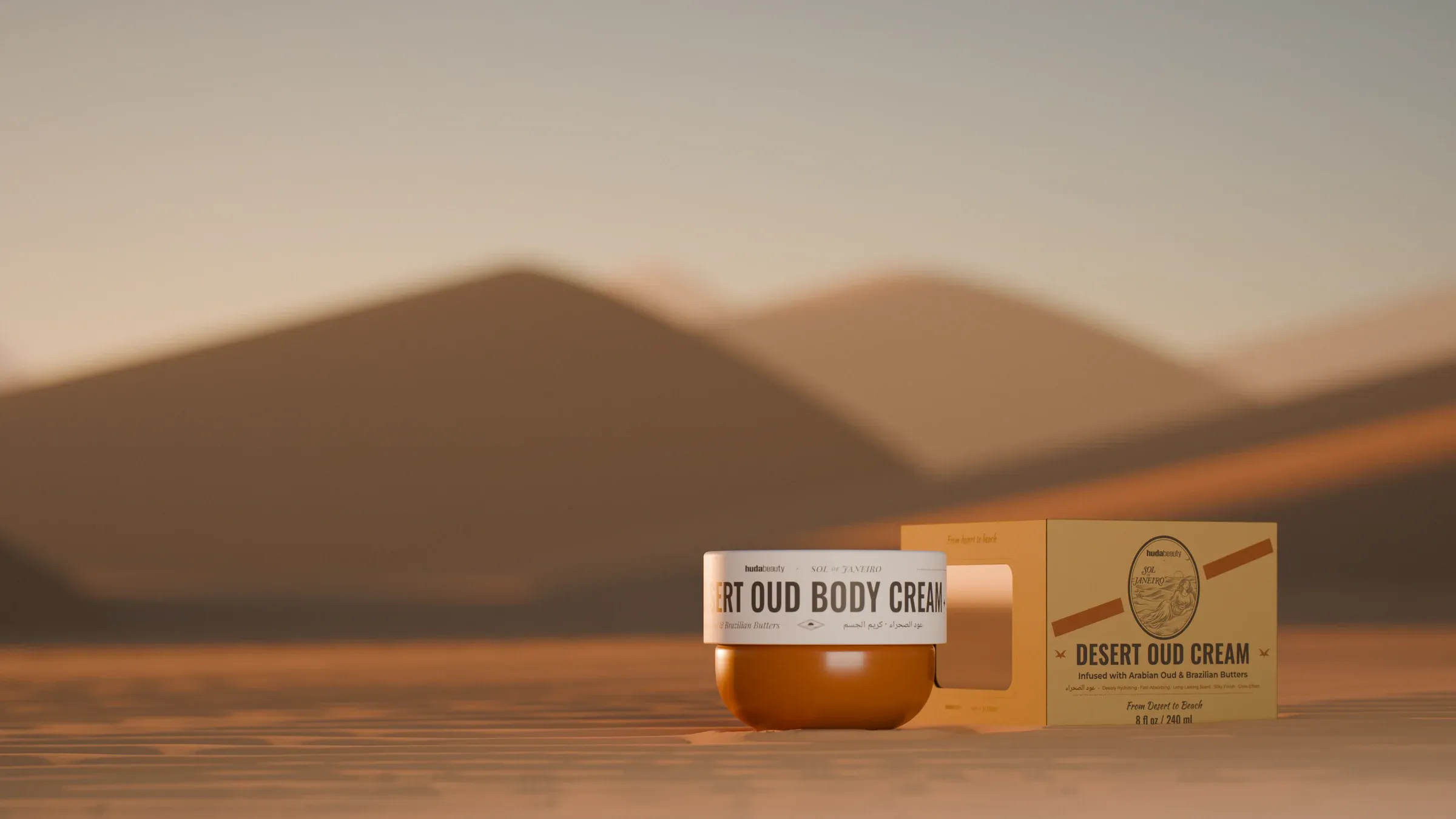 The desert end: Desert Oud and its carton in the dunes at golden hour
