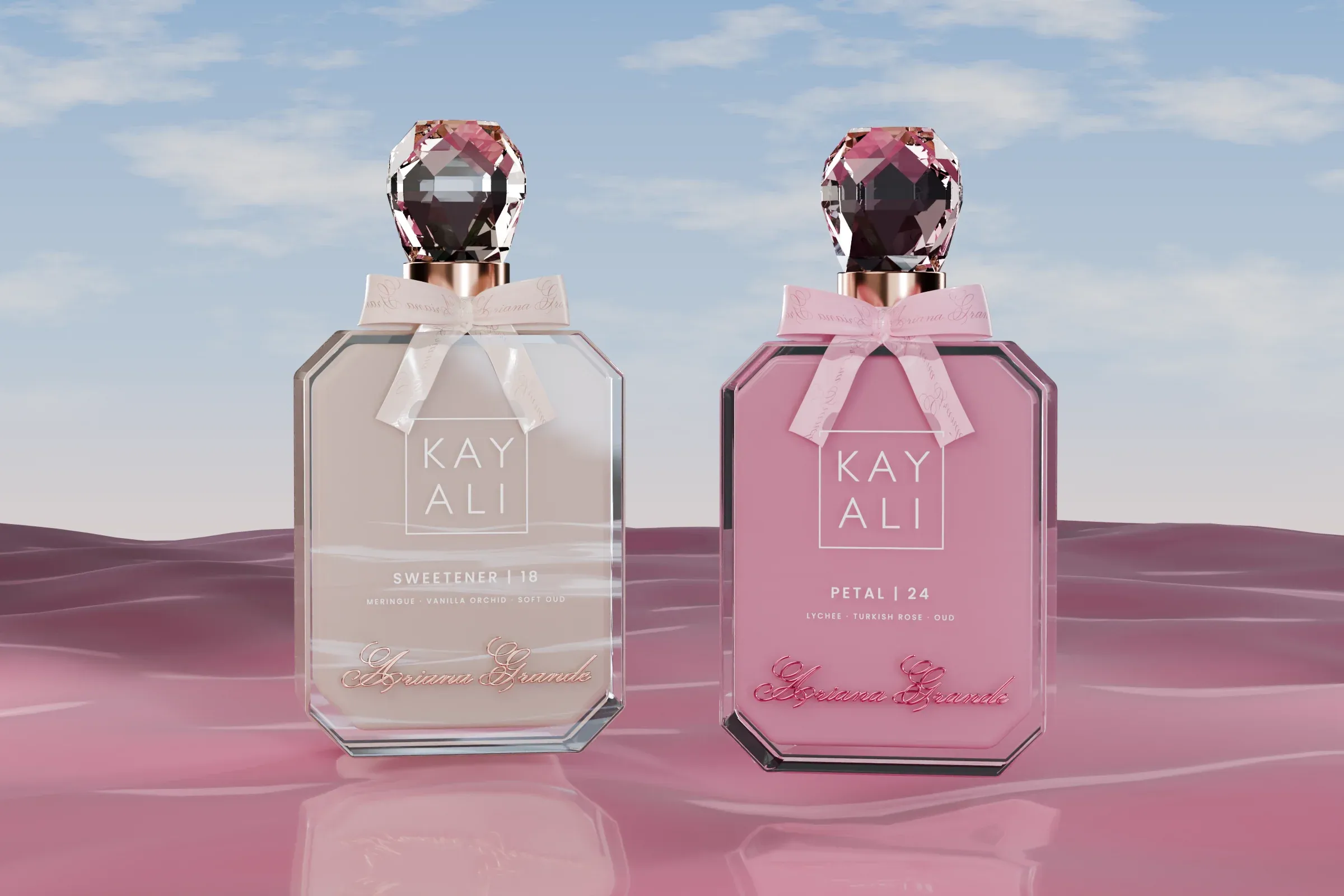 Final render: both flacons on a satin sea under the sky