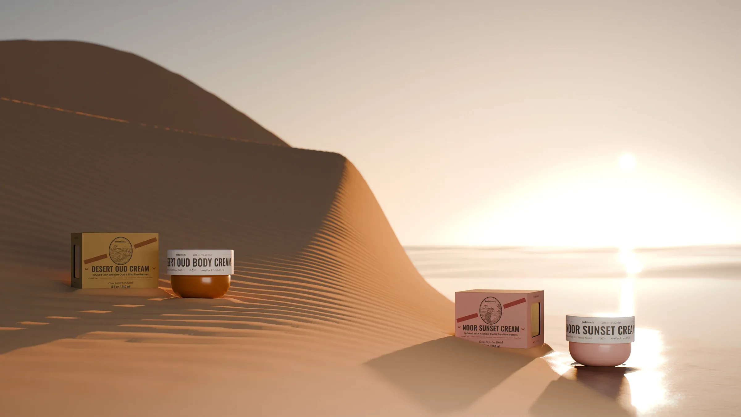One frame: the dune crest runs down into the wet beach, Desert Oud on the dune, Noor Sunset at the waterline
