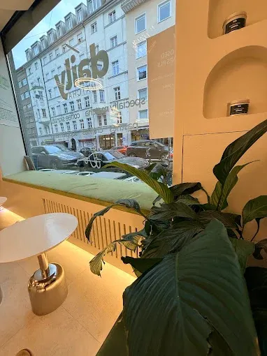 The window vinyl seen from inside the shop