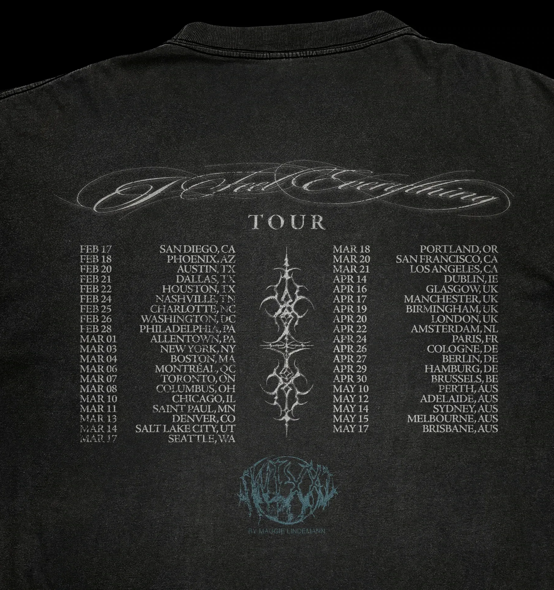Back print: the tour routing in two columns around a chrome tribal ornament