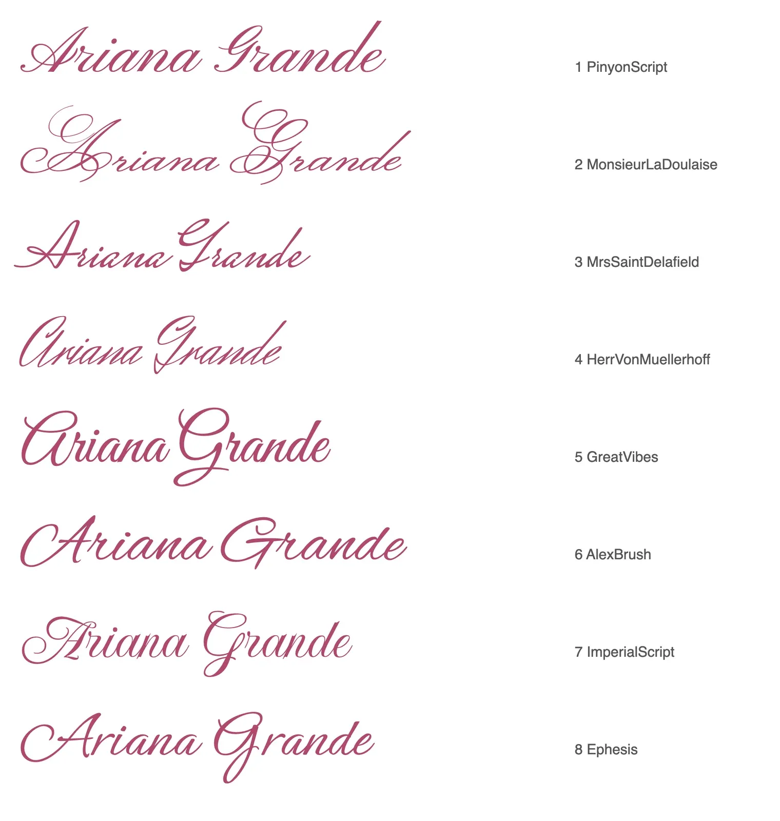 Type study: “Ariana Grande” set in eight script typefaces