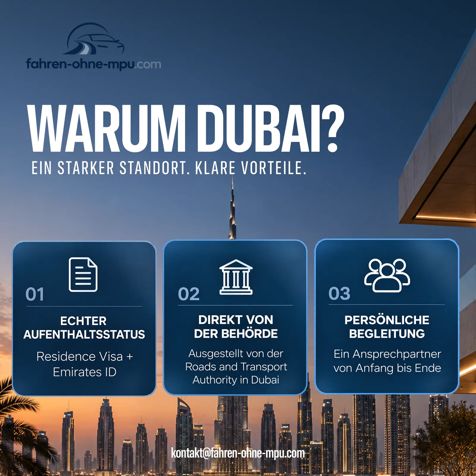 Wave one, version B: “Warum Dubai? Ein starker Standort”, naming the RTA