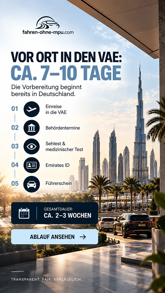 Story: “Vor Ort in den VAE: ca. 7–10 Tage”