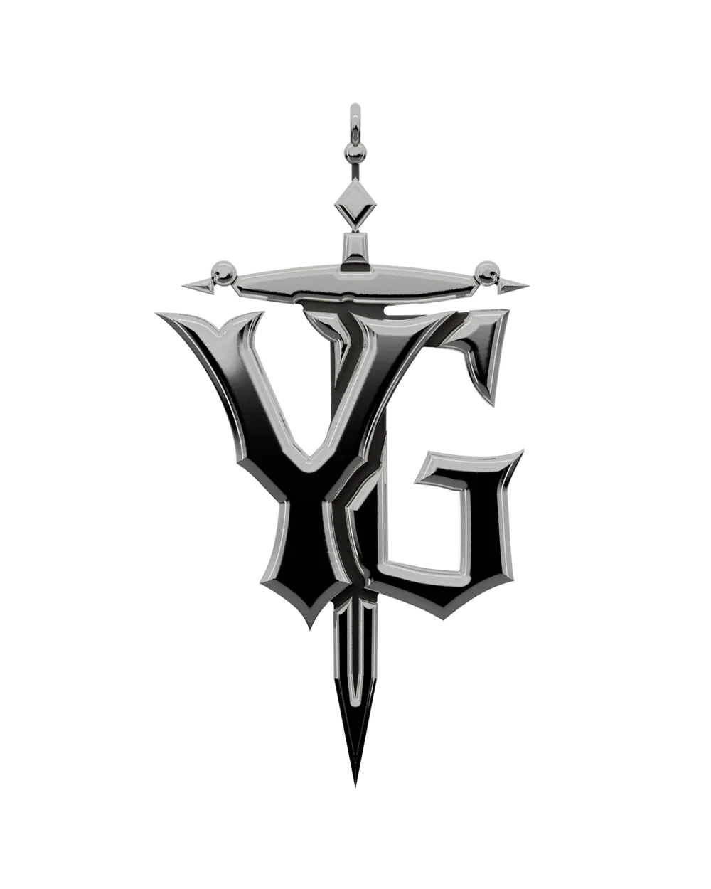 The YG dagger mark cast as a sterling-silver pendant, turning